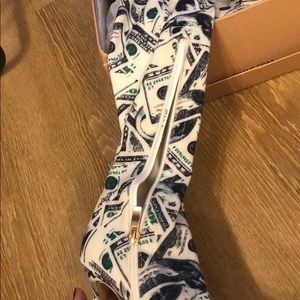 thigh high money print boots